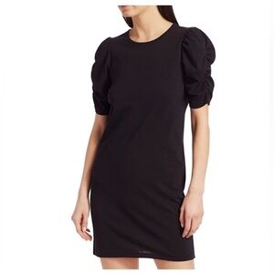 FRAME BLACK GATHERED RUCHED PUFF SLEEVE ROUND NECK MINIMALIST SLEEK MINI DRESS